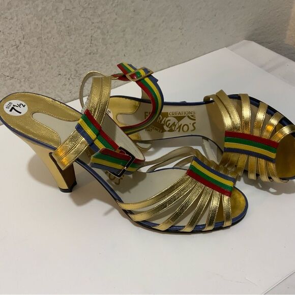 SALVATORE FERRAGAMO CREATIONS Sandals Red Gold/multicolour leather Luxe strappy - Picture 6 of 9